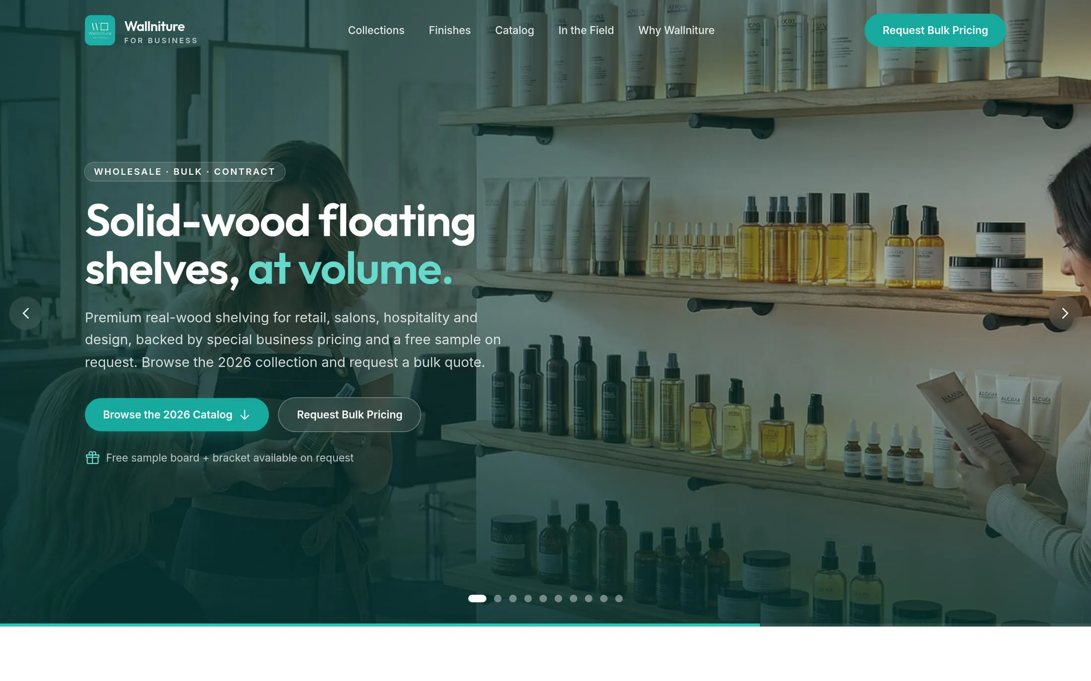 Wallniture for Business. A wholesale portal for solid-wood shelving: catalog, finishes, and bulk quote requests.