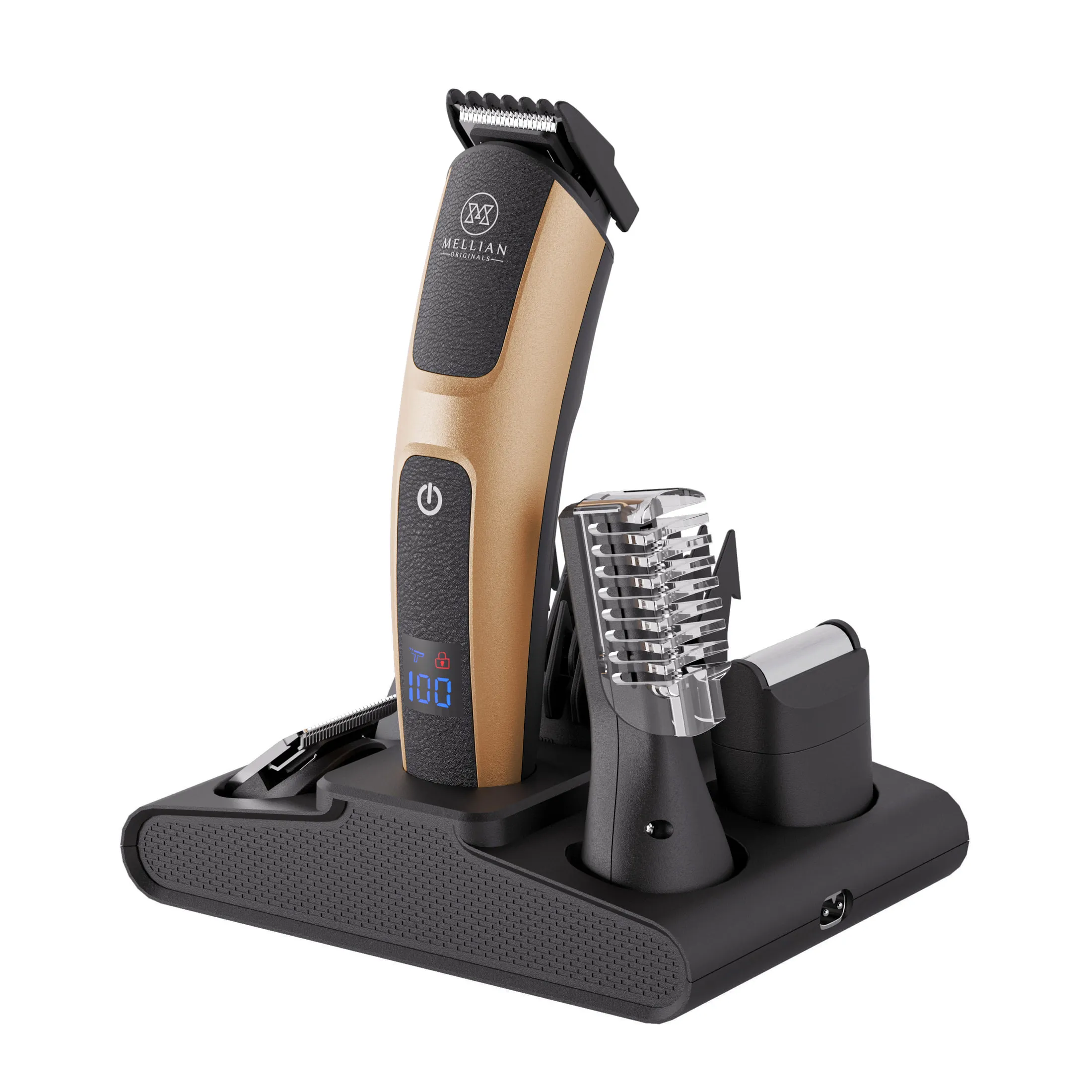 Grooming System. Multi-part grooming kit with dock, attachments, and bathroom context.