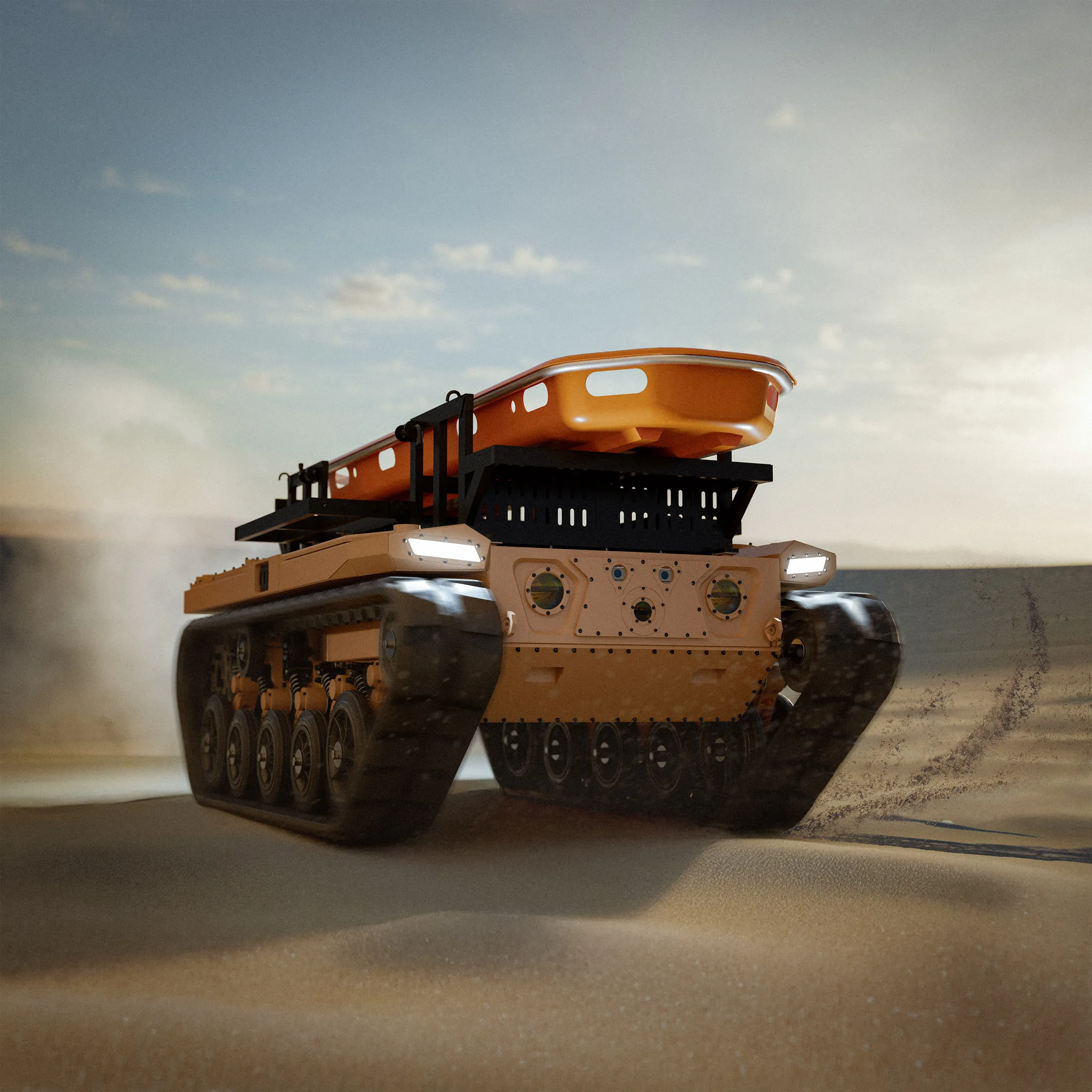 M-UGV I Barkan. Casualty-evacuation configuration shown across desert, mountain, and urban settings.