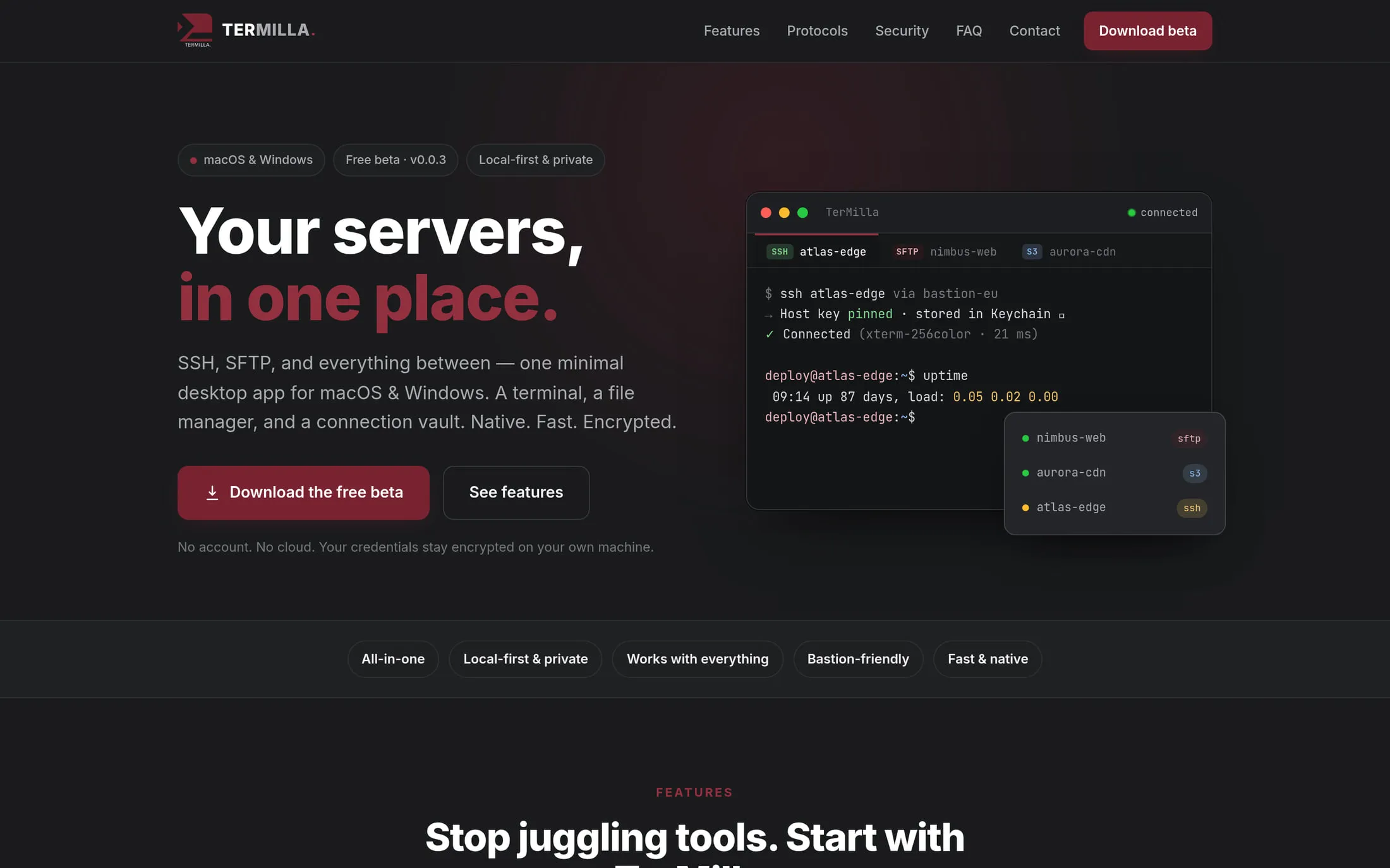 Termilla. Our own desktop app, a native macOS and Windows SSH, SFTP, and file-transfer client.